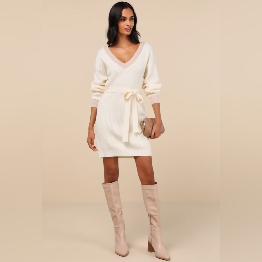 Lulus Cuddly Forecast Ivory Long Sleeve Belted Sweater Mini Dress XL NWT